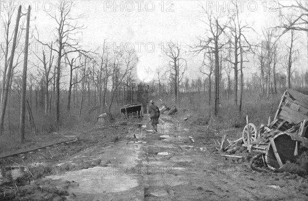 ''Le Champ de Bataille; La route "marmitee"', 1916 (1924) Creator: Unknown.