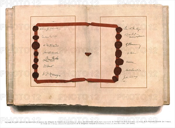 'La signature du traite de paix a Versailles; La page du traite portant les signatures..., 1919. Creator: Unknown.