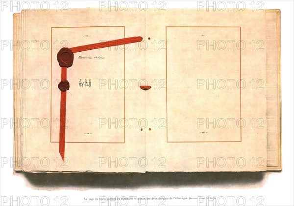 'La signature du traite de paix a Versailles; La page du traite portant les signatures et...,1919. Creator: Unknown.