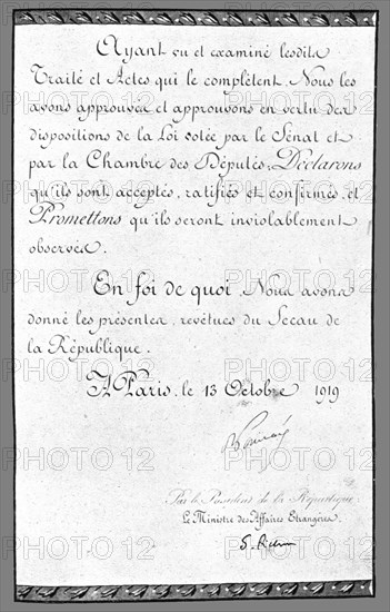 'Le document de Versailles; signatures de MM Raymond Poincare et Pichon', 1919. Creator: Unknown.