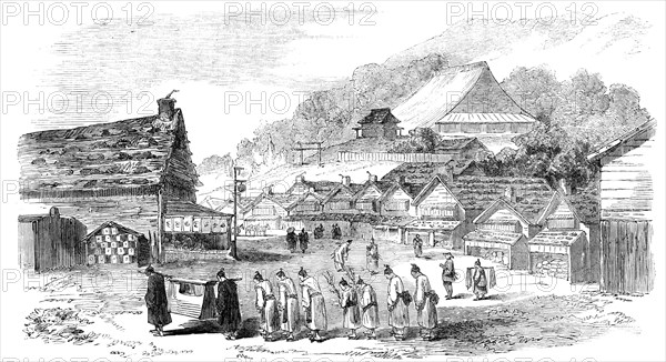 Street in Hakodade, and funeral procession, 1856. Creator: Unknown.
