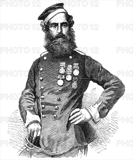 Private John Penn, 17th Lancers, with Eleven Honours, from the Crimea, from a photograph by Mayall,  Creator: Smyth.