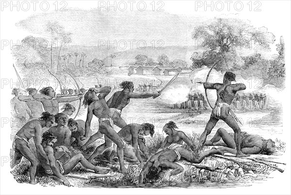 Attack by 600 Santhals upon a party of 50 Sepoys, 40th Regiment Native Infantry, 1856.  Creator: Unknown.