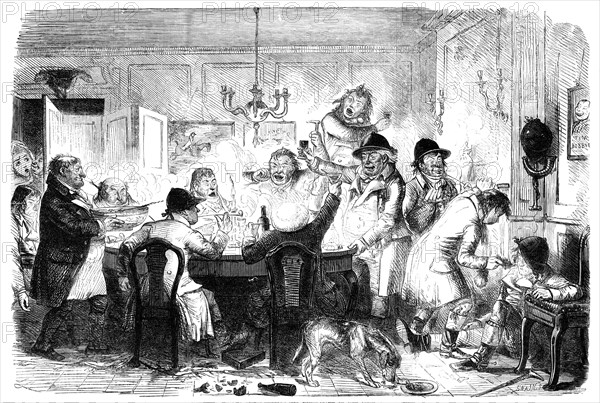 Foxhunters Regaling in the "Good" Old Times - drawn by John Leech, 1856.  Creator: Joseph Swain.