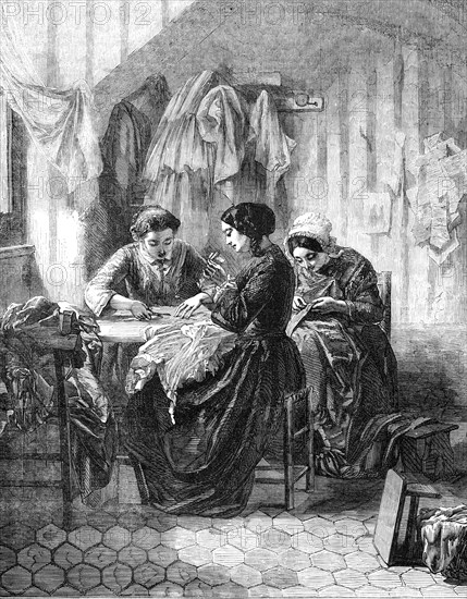 The Industrious Needlewomen - painted by M. Trayer - from the Exhibition of French Artists, 1856.  Creator: Unknown.
