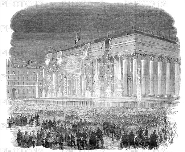 Illumination of the Bourse, at Paris, in Honour of the Birth of the Prince Imperial, 1856.  Creator: Unknown.
