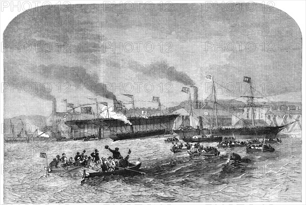 Launch of Three Iron Screw Steam-Vessels, at Newcastle-on-Tyne, 1856.  Creator: Unknown.