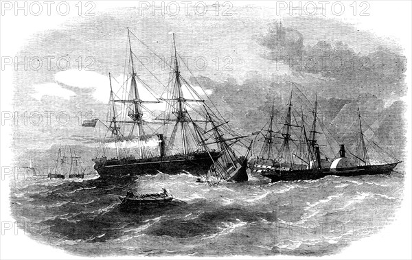 The Running Down of the Brigantine "Virtue" by the "Resolute" Transport, in Kingstown Harbour, 1856. Creator: Smyth.