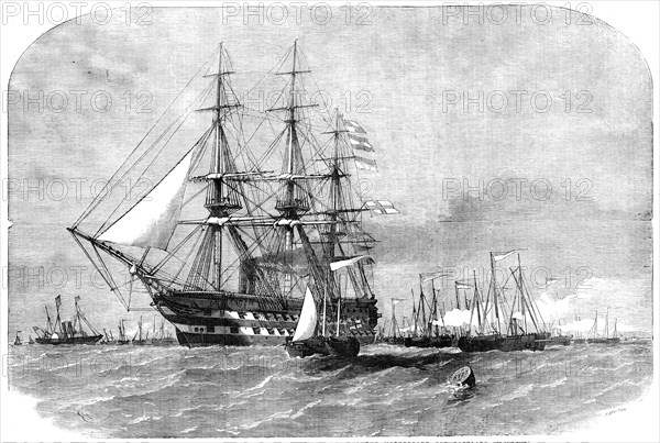 H.M.S. "Colossus", with the Gun-Boat Flotilla, leaving the Motherbank for Portland, 1856.  Creator: Smyth.
