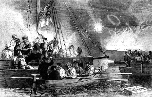 Captain Glasse, and his Chief Engineer, H.M.S. "Vulture", superintending the repairs of the Mortars Creator: Unknown.