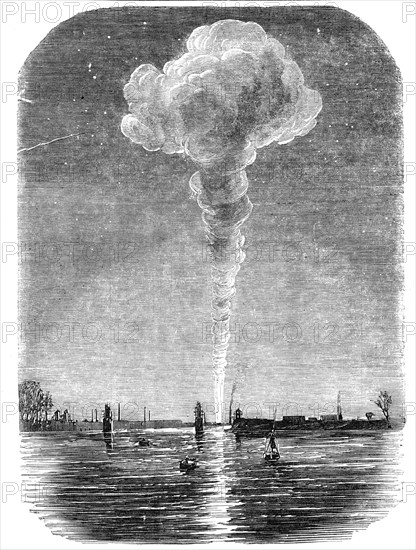 The Burning of the Vauxhall Railway Station, seen from Battersea-Bridge, 1856.  Creator: Unknown.