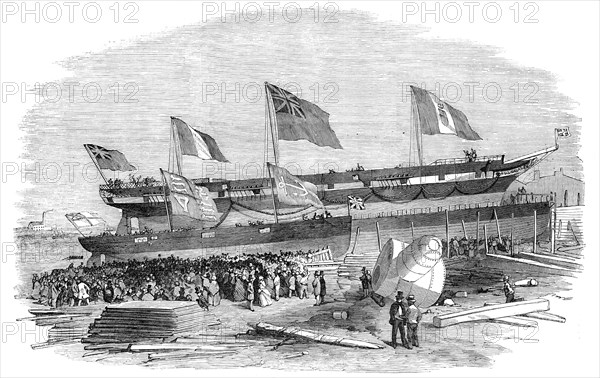 Launch of "The Genova" Steam-ship, at Messrs. Mare's, Blackwall, 1856.  Creator: Unknown.