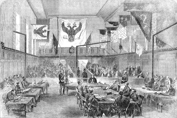 Sitting of the Crimean Board of Inquiry, in the Hall of Chelsea Hospital, 1856.  Creator: Smyth.