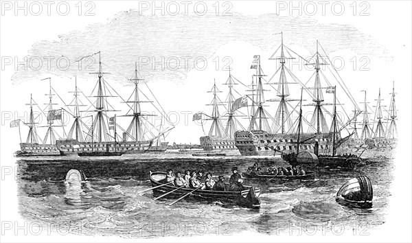 The Grand Naval Review, at Spithead: The Fleet from the South - sketched by J. W. Carmichael, 1856.  Creator: Unknown.