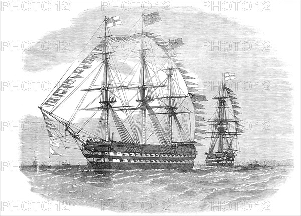 The Naval Review: the Pivot-Ships "Rodney" and "London" - drawn by E. Weedon, 1856.  Creator: Unknown.