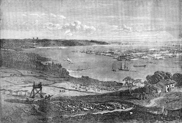 The Naval Review: the Flotilla of Gun-Boats off the Motherbank - drawn by R. Leitch, 1856. Creator: Unknown.
