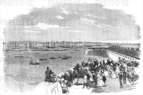 The Naval Review: the Queen's Yacht passing Fort Monckton - drawn by S. Read, 1856.  Creator: Edmund Evans.