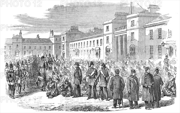 Inspection of the Royal Sappers and Miners at Brompton Barracks, Chatham, by Sir John Burgoyne, 1856 Creator: Unknown.