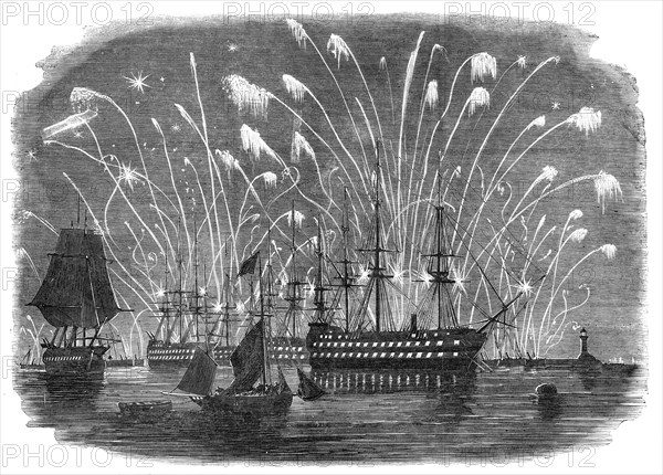 The Peace Commemoration at Plymouth - Rockets and General Illumination of the Fleet in the Sound - f Creator: Unknown.