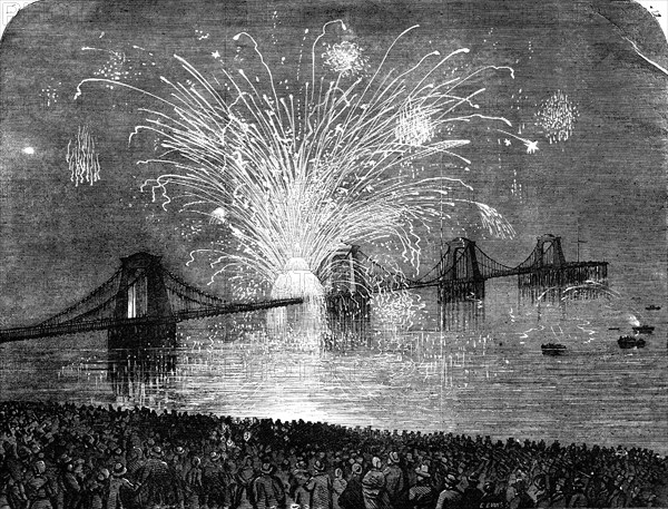 The Peace Commemoration at Brighton - Fireworks on the Chain Pier, 1856. Creator: Edmund Evans.