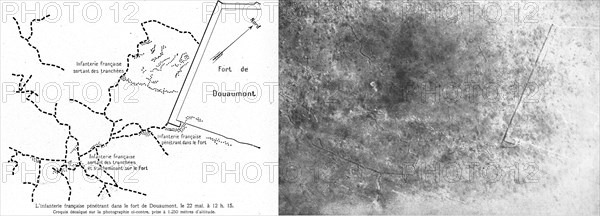 ''L'assaut du 22 mai. Cornes Ouest et Sud-Ouest et abords Ouest du fort de Douaumont', 1916. Creator: Unknown.