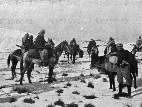 ''Les Alpins Marocains; Mokhazenis a cheval, emportant leurs skis en travers de la selle', c1916. Creator: Unknown.