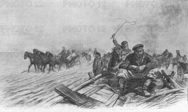 'Visions de guerre sur le front russe; …nous depassons des files de chars de paysan, charges...1915. Creator: Unknown.