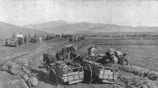 'Apres la prise de Monastir; les difficultes du ravitaillement sur les routes de la vallee..., 1916. Creator: Unknown.