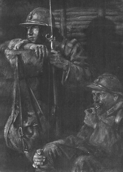 'Les Guetteurs; on ne fume pas au poste d'ecoute, mais il est permis de macher sa pipe..., 1916. Creator: Lucien Jonas.