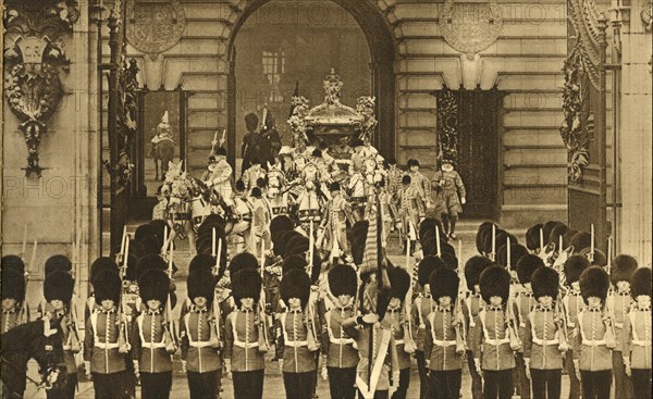 'The King and Queen Leaving Buckingham Palace', 1937. Creator: Photochrom Co Ltd of London.