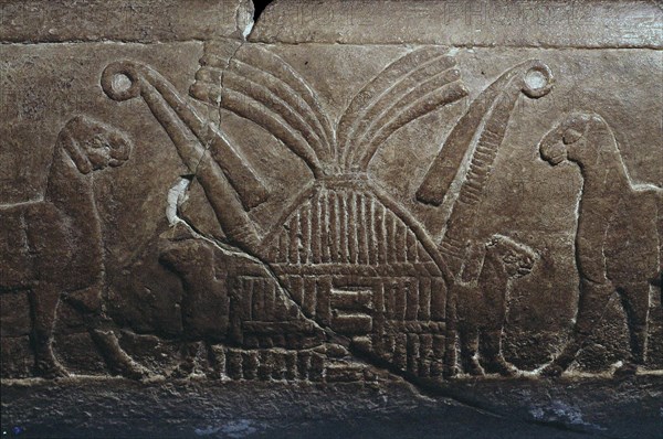 Sumerian reed house. Detail of the Uruk Trough, 3300-3000 BC. Creator: Sumerian culture.