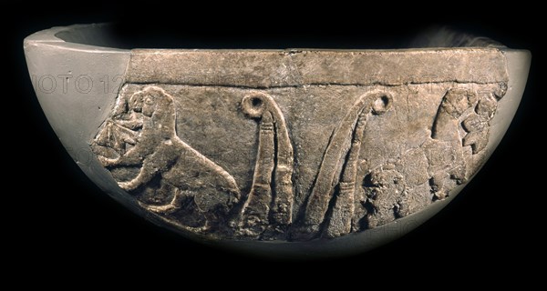 Sumerian reed house. Detail of the Uruk Trough, 3300-3000 BC. Creator: Sumerian culture.