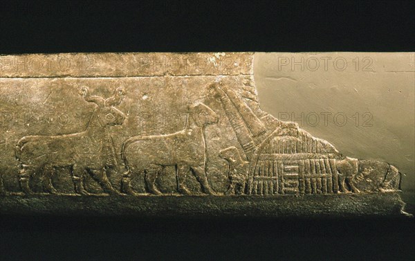 Sumerian reed house. Detail of the Uruk Trough, 3300-3000 BC. Creator: Sumerian culture.