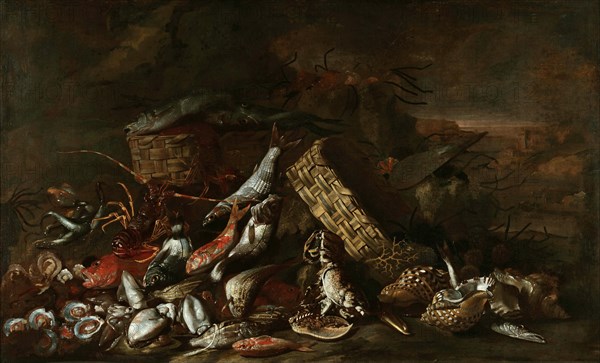 Still Life with Fish, ca 1675. Creator: Ruoppolo, Giovan Battista (1629-1693).