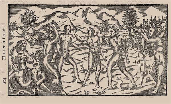 Brazilian Indian warriors taking a prisoner. From "Histoire d'un voyage fait en la terre du Brésil"  Creator: Bry, Theodor de (1528-1598).