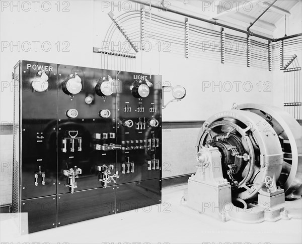 Detail of a switchboard in a dynamo room, between 1900 and 1905. Creator: Unknown.