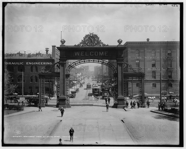 Welcome arch at Union Depot, Denver, Colo., c1908. Creator: Unknown.
