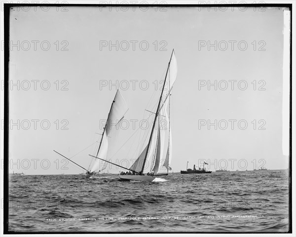 Columbia crossing the line, Shamrock I astern, 1899 Oct 7. Creator: Unknown.