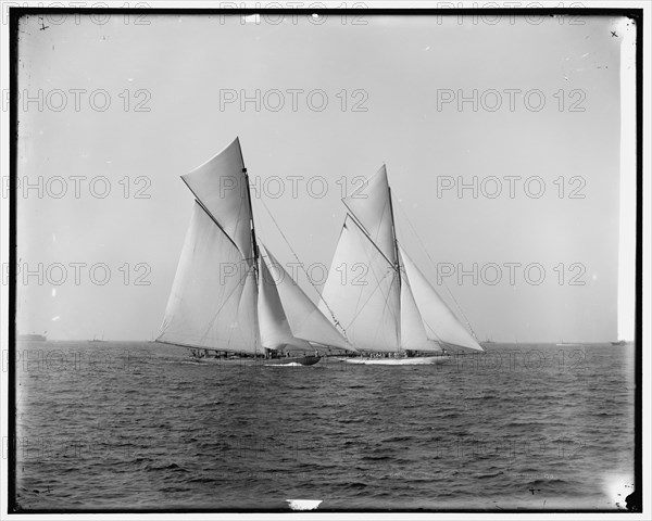 Shamrock and Columbia maneuvering for the start, 1899 Oct 19. Creator: Unknown.