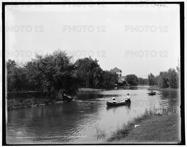 Lake and skating pavilion, Belle Isle Park, Detroit, between 1890 and 1901. Creator: Unknown.