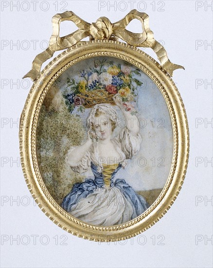 Painting depicting a girl with a flower basket, c.1850-c.1899. Creator: Unknown.