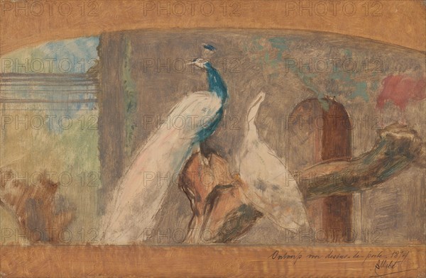 Design for a dessus-de-porte: branch with peacock and other birds, 1874.  Creator: August Allebe.