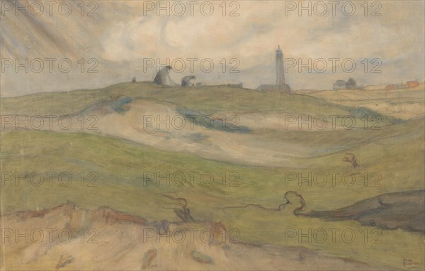 Dune landscape with lighthouse and people mending fishing nets, 1872-1944. Creator: Frans Smissaert.