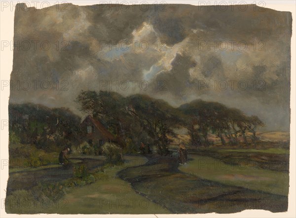 Landscape with cottage, trees and women mending fishing nets, 1872-1944.  Creator: Frans Smissaert.