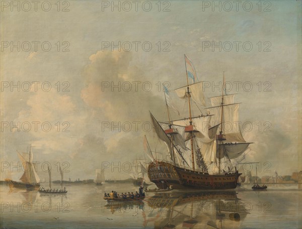 The Navy's Frigate 'Rotterdam' on the Maas off Rotterdam, 1807. Creator: Nicolaus Baur.