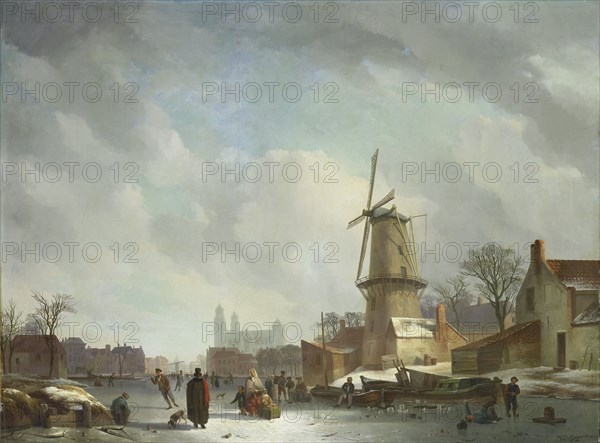 Frolicking on a Frozen Canal in a Town, 1830-1837. Creator: Abraham Johannes Couwenberg.