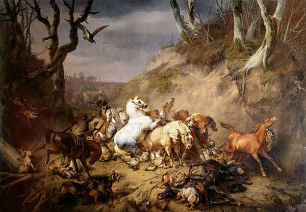 Hungry Wolves Attacking a Party of Riders, 1836. Creator: Eugène Verboeckhoven.