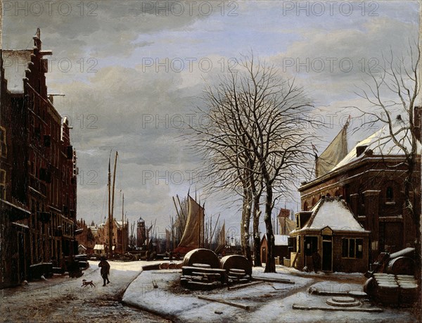 Slijpsteenmarkt (Whetstone Market) in Amsterdam with the Building 'Het Zeerecht' in Winter..., 1817. Creator: George Pieter Westenberg.