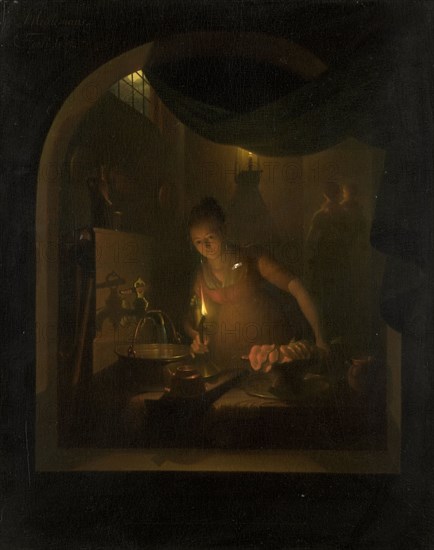 Kitchen by Lamplight, 1817. Creator: Adriaan Meulemans.