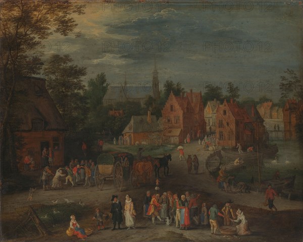 Village with a Puppeteer Entertaining a Small Crowd, c.1650-c.1660. Creator: Peeter Gysels.